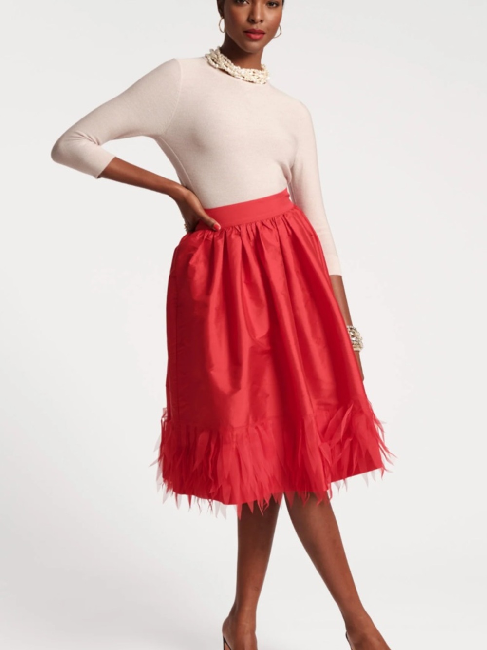 Frances Valentine Feather-Hem Midi Skirt - Women RED worn once; size M